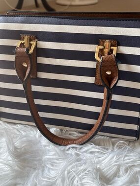 Call It Spring Navy and White Striped Tote with Brown Handles